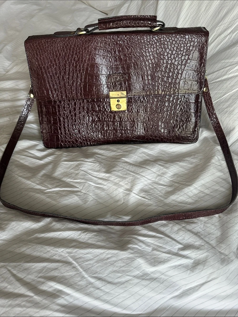 Vintage 70s/80s Croc Embossed Leather Top Handle Briefcase Satchel Oxblood Red